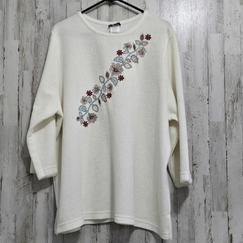 BonWorth Vintage Cream Floral Embroidered 3/4 Sleeve Sweater Plus Size 2X